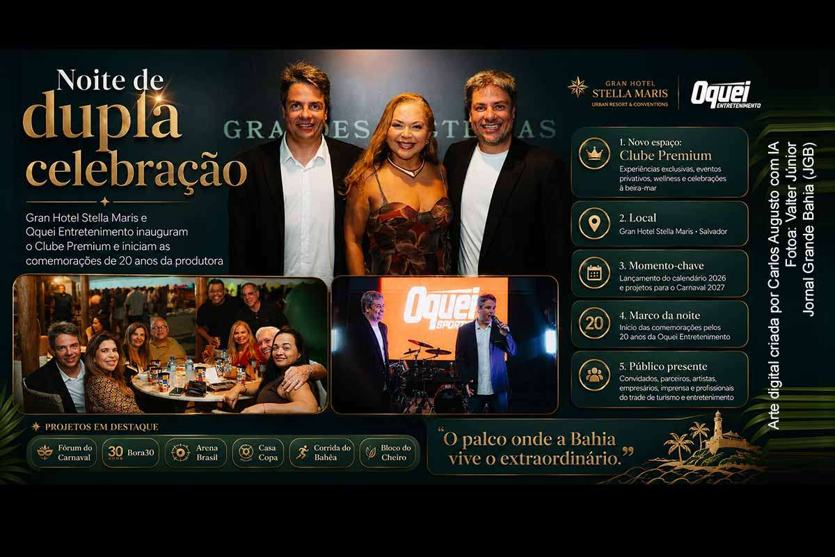 O Gran Hotel Stella Maris inaugurou, em Salvador, o Clube Premium, espaço voltado para eventos exclusivos, wellness e experiências à beira-mar. A noite também marcou o lançamento do calendário da Oquei Entretenimento para 2026 e Carnaval de 2027, além do início das comemorações pelos 20 anos da produtora. O encontro reuniu convidados do trade turístico, empresarial, artístico e de entretenimento da Bahia.
