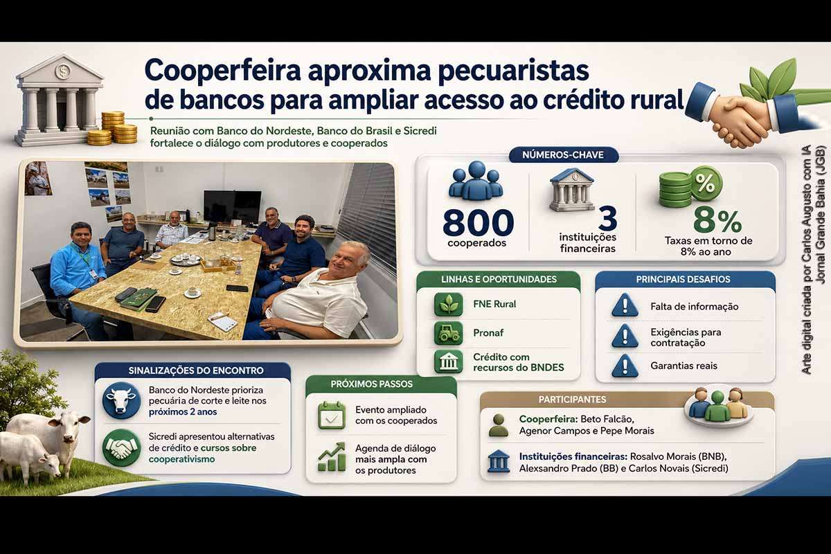 A Cooperfeira reuniu sua diretoria e representantes do Banco do Nordeste, Banco do Brasil e Sicredi para discutir formas de ampliar o acesso de pecuaristas ao crédito rural. O encontro abordou linhas como FNE Rural e Pronaf, dificuldades relacionadas a garantias e falta de informação, além de alternativas com recursos do BNDES. A cooperativa planeja evento ampliado com os cerca de 800 cooperados.