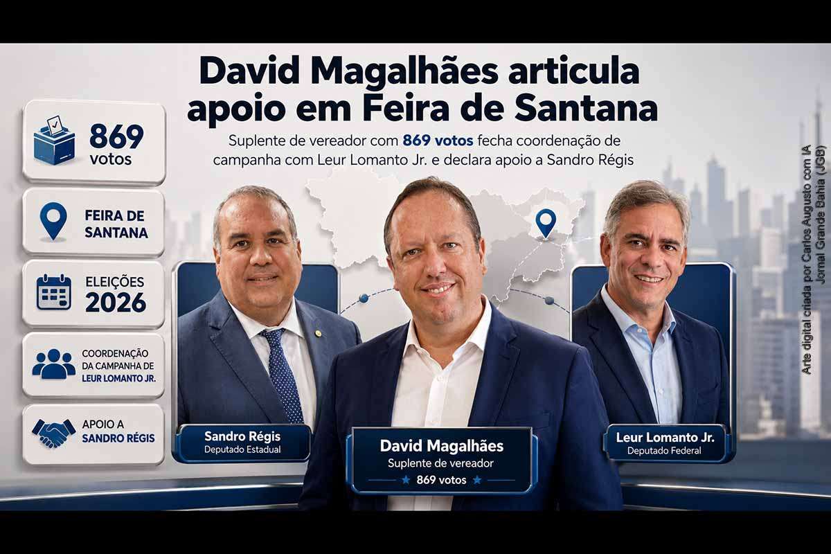 David Magalhães, suplente de vereador em Feira de Santana com 869 votos em 2024, anunciou apoio ao deputado federal Leur Lomanto Jr. e ao deputado estadual Sandro Régis nas eleições de 2026. A articulação prevê sua atuação na coordenação da campanha de Leur no município e apoio estadual a Sandro Régis. A movimentação reforça a centralidade eleitoral de Feira de Santana no cenário político baiano.