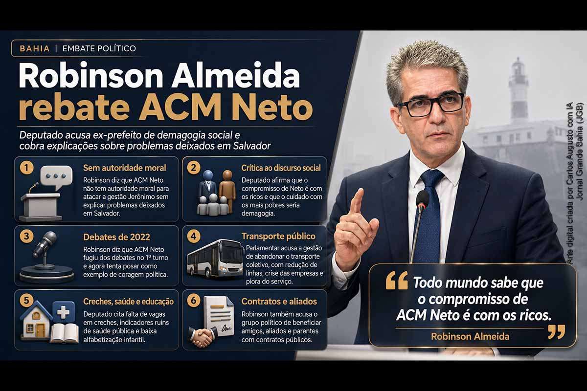 O deputado estadual Robinson Almeida rebateu críticas de ACM Neto ao governador Jerônimo Rodrigues e acusou o ex-prefeito de Salvador de adotar discurso social sem correspondência com sua gestão municipal. O parlamentar citou transporte público, creches, saúde, educação e contratos públicos como pontos de crítica. A reação amplia o embate entre governo e oposição na Bahia e antecipa o ambiente político de 2026.