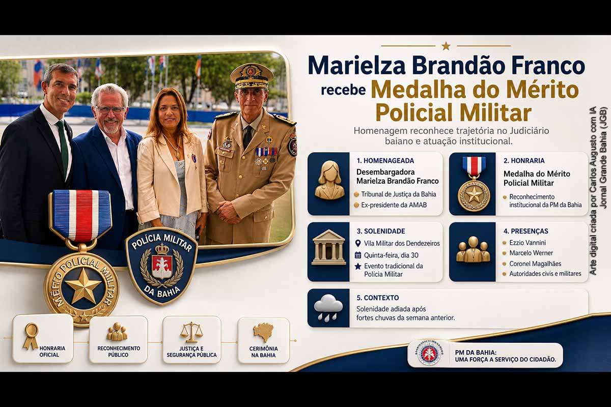 A desembargadora Marielza Brandão Franco, do Tribunal de Justiça da Bahia e ex-presidente da AMAB, foi homenageada na quinta-feira (30/04/2026) com a Medalha do Mérito Policial Militar. A solenidade ocorreu na Vila Militar dos Dendezeiros, em Salvador, com presença de autoridades civis e militares, incluindo o secretário Marcelo Werner e o comandante-geral da PM, coronel Magalhães.