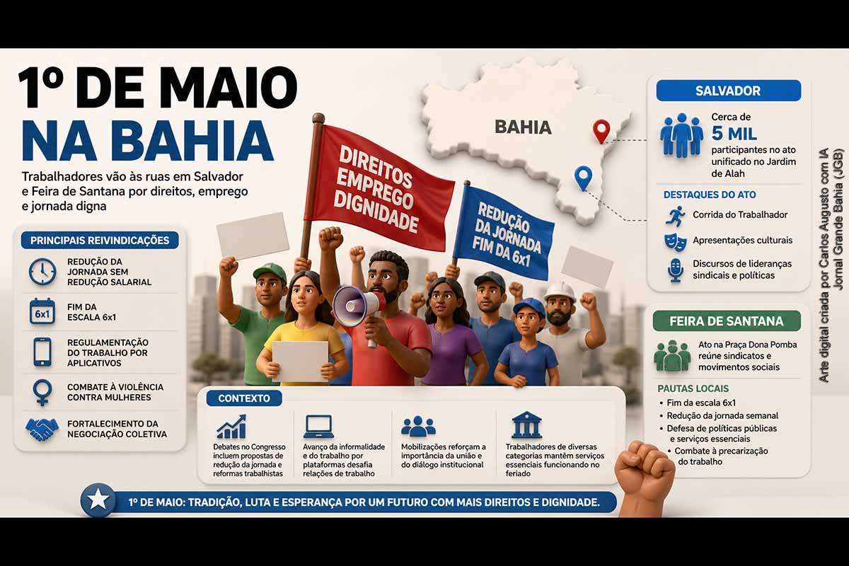 As mobilizações do 1º de Maio de 2026 em Salvador e Feira de Santana reuniram milhares de trabalhadores em atos por direitos, emprego e melhores condições de trabalho. As manifestações combinaram reivindicações históricas, como redução da jornada e valorização salarial, com demandas atuais, como regulamentação do trabalho por aplicativos. O cenário evidencia a permanência de desafios estruturais e a necessidade de atualização das políticas públicas e da representação sindical.