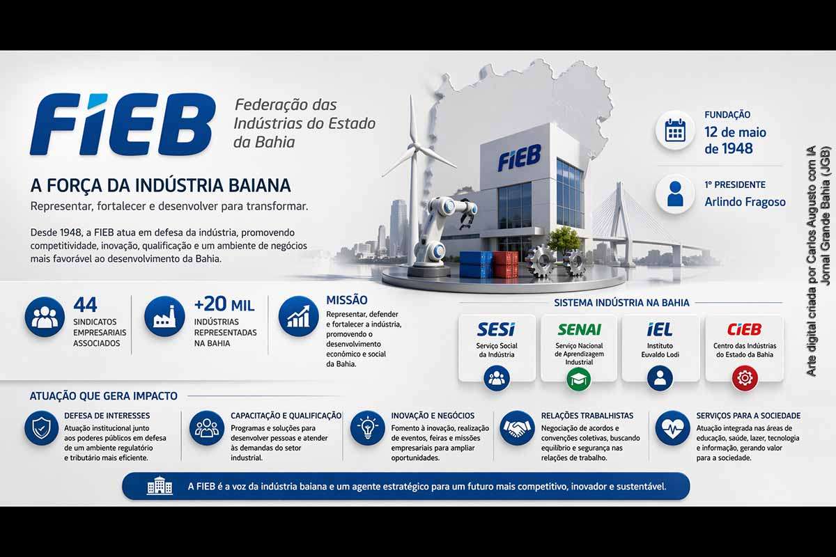 Fundada em 1948, a FIEB reúne 44 sindicatos e representa mais de 20 mil indústrias na Bahia. Atua na defesa de interesses empresariais, na formulação de políticas públicas, na qualificação profissional e na promoção da inovação. Integrando o Sistema Indústria com SESI, SENAI, IEL e CIEB, a entidade desempenha papel estratégico no desenvolvimento econômico e enfrenta desafios ligados à modernização produtiva e às transformações globais.