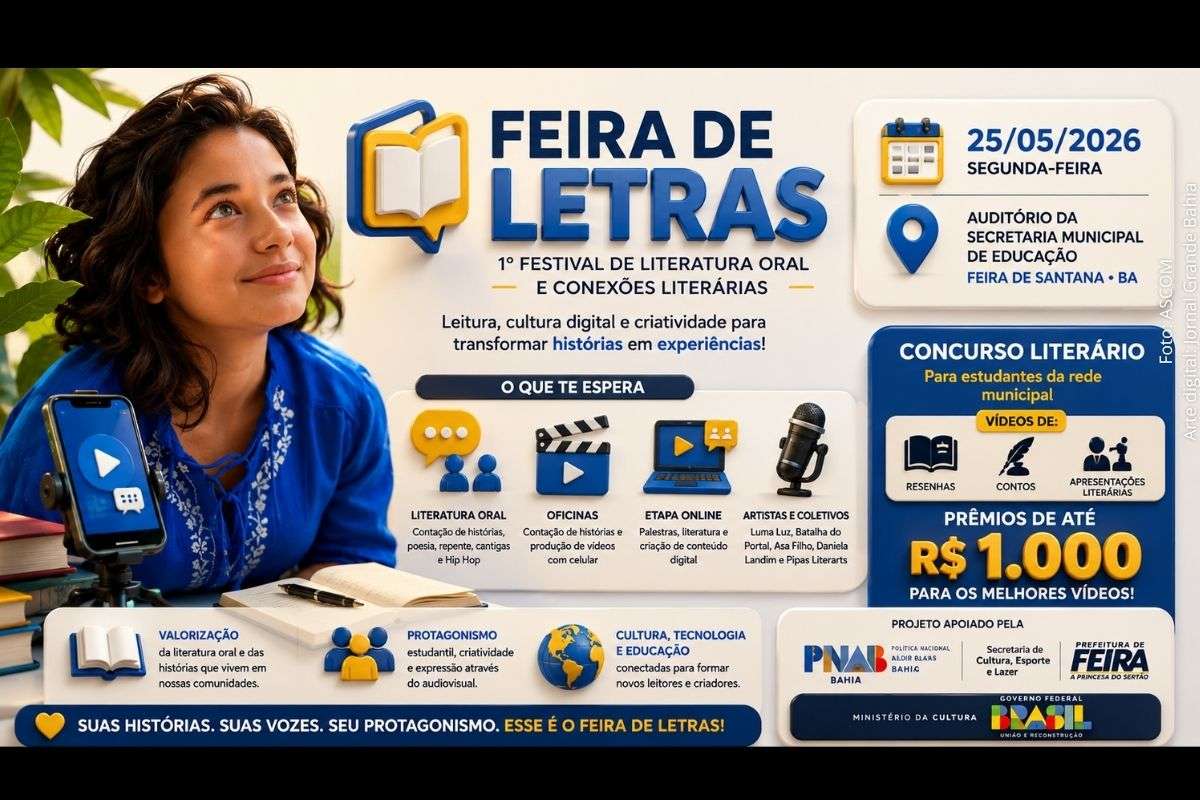 Festival gratuito reúne oficinas, literatura oral, produção audiovisual e atividades culturais voltadas a estudantes da rede municipal.
