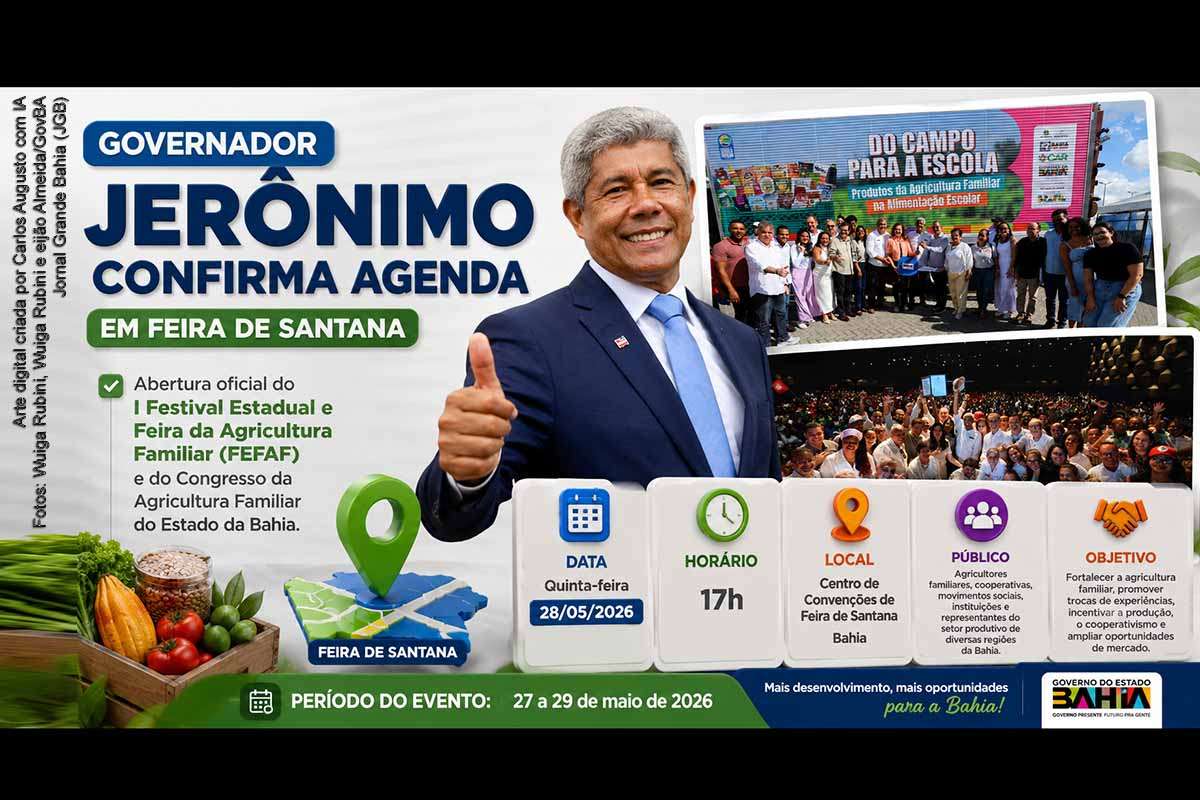 O governador Jerônimo Rodrigues participa nesta quinta-feira (28/05/2026), às 17h, da abertura oficial do I Festival Estadual e Feira da Agricultura Familiar, no Centro de Convenções de Feira de Santana. O evento ocorre de 27 a 29 de maio e reúne agricultores familiares, cooperativas, movimentos sociais, instituições e representantes do setor produtivo. A programação reforça o papel de Feira de Santana como polo regional da agricultura familiar baiana.