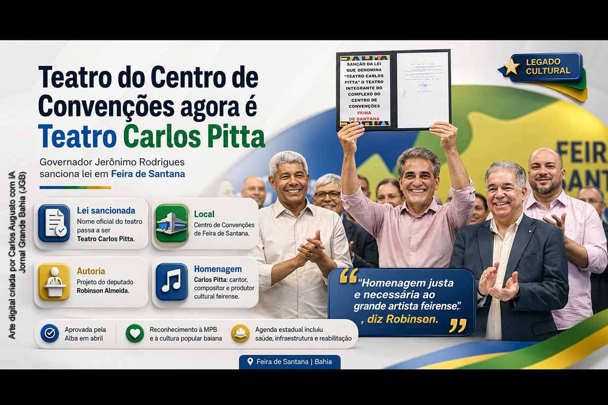 O governador Jerônimo Rodrigues sancionou a lei que denomina o teatro do Centro de Convenções de Feira de Santana como Teatro Carlos Pitta. A proposta, de autoria do deputado Robinson Almeida, homenageia o cantor, compositor e produtor cultural feirense, reconhecido por sua contribuição à MPB e à cultura popular brasileira. A sanção ocorreu durante agenda estadual no município, com anúncios em cultura, saúde e infraestrutura.