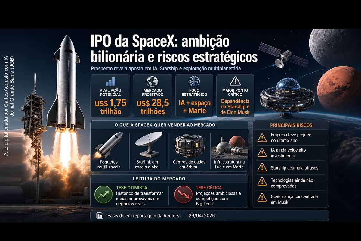 A SpaceX prepara um possível IPO com avaliação estimada em US$ 1,75 trilhão, sustentado por planos que combinam foguetes reutilizáveis, Starlink, inteligência artificial, energia espacial e exploração de Marte. O prospecto analisado pela Reuters revela ambições inéditas, mas também riscos financeiros, tecnológicos e de governança. A Starship e a liderança de Elon Musk aparecem como fatores decisivos para o futuro da empresa.