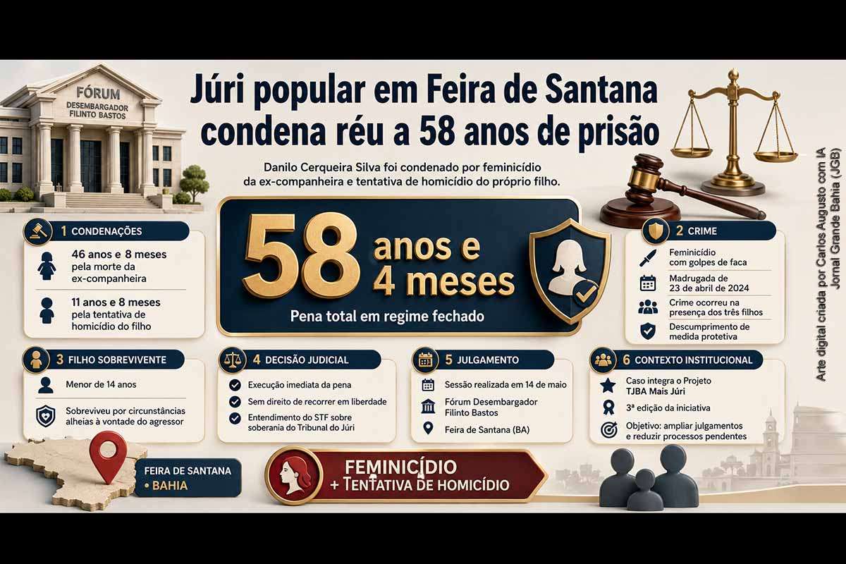O Tribunal do Júri de Feira de Santana condenou Danilo Cerqueira Silva a 58 anos e 4 meses de reclusão por feminicídio contra a ex-companheira e tentativa de homicídio contra o filho. A sessão ocorreu em 14 de maio de 2026, no Fórum Desembargador Filinto Bastos. A juíza determinou execução imediata da pena em regime fechado. O julgamento integra ações do Projeto TJBA Mais Júri.