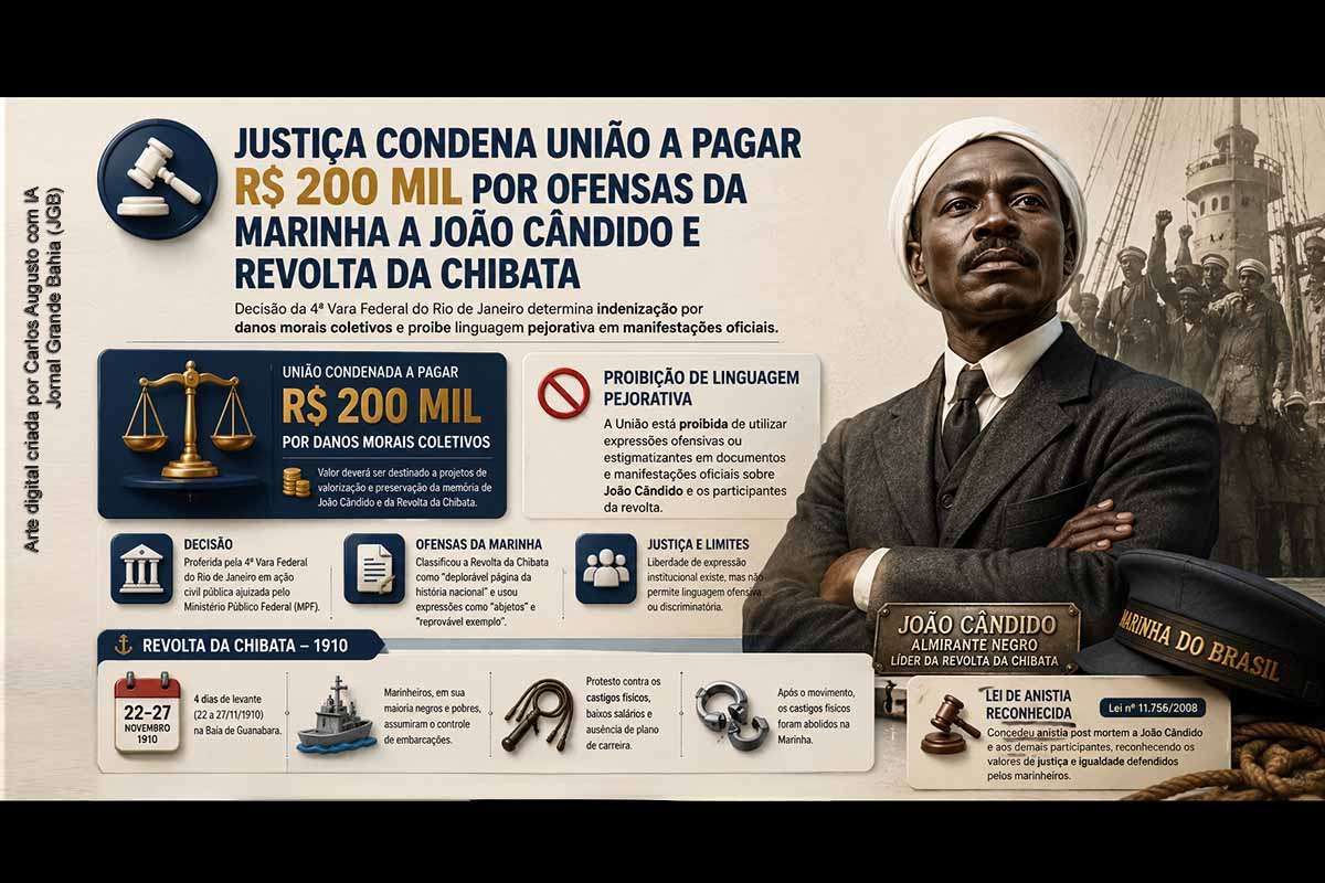 A Justiça Federal do Rio de Janeiro condenou a União a pagar R$ 200 mil por danos morais coletivos após manifestações da Marinha do Brasil sobre João Cândido e a Revolta da Chibata. A decisão considerou ofensivas expressões utilizadas em documento enviado à Câmara dos Deputados. A sentença também determina que a União deixe de utilizar linguagem pejorativa em manifestações oficiais e destine a indenização a projetos de preservação da memória do movimento.