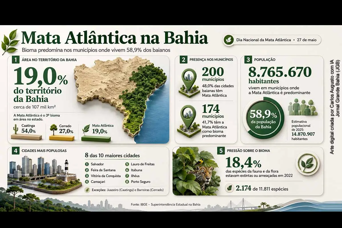 Levantamento do IBGE mostra que a Mata Atlântica ocupa 19% do território da Bahia, mas predomina nos municípios onde vivem 58,9% dos baianos. O bioma está presente em 200 cidades e é predominante em 174 municípios, incluindo Salvador, Feira de Santana, Camaçari, Ilhéus e Porto Seguro. Em 2022, 18,4% das espécies avaliadas da Mata Atlântica estavam extintas ou ameaçadas.