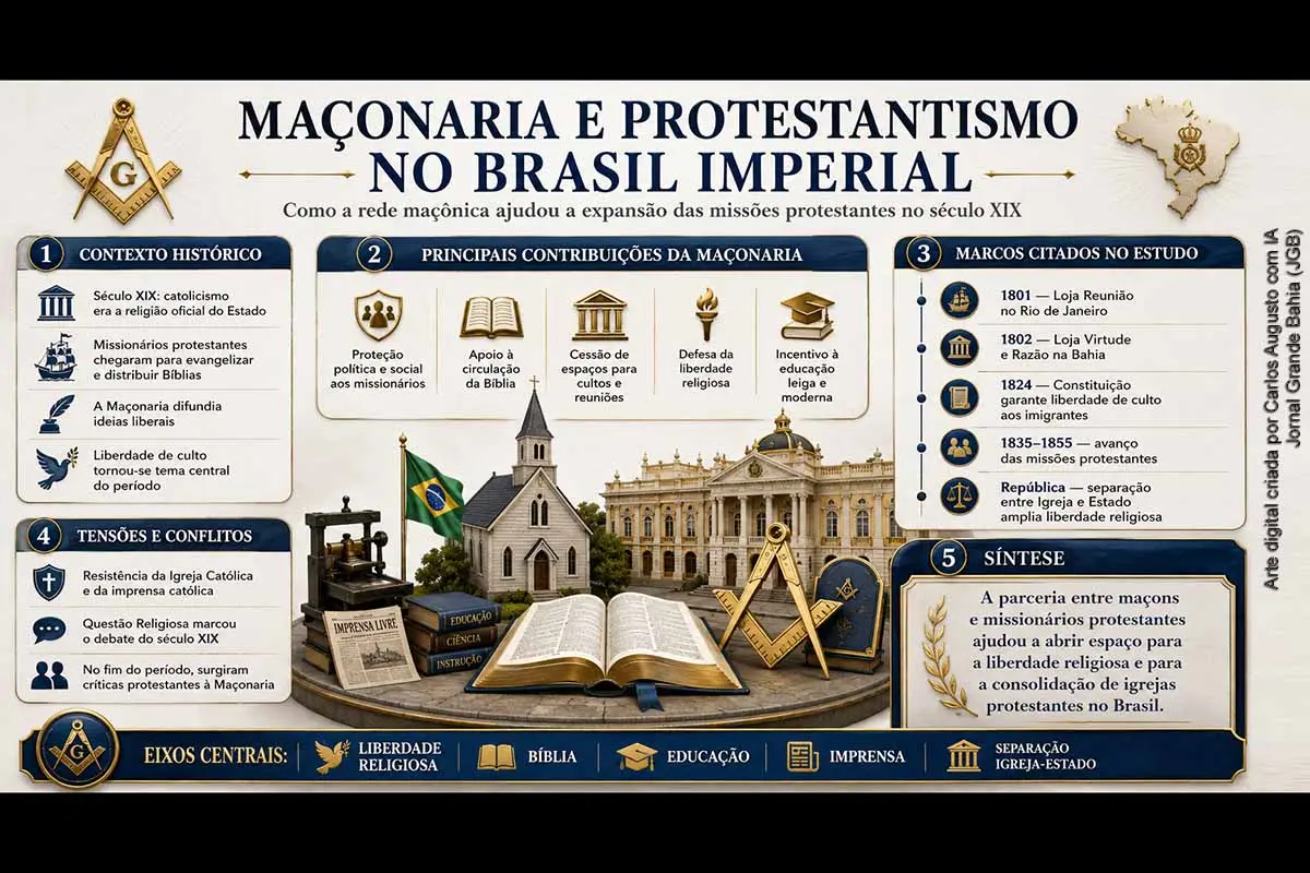 Estudo de Raimundo José Pereira Sobreiro analisa a contribuição da Maçonaria para a consolidação do protestantismo no Brasil Imperial. O artigo mostra que maçons apoiaram missionários protestantes na defesa da liberdade religiosa, na circulação de Bíblias, no uso de espaços para cultos e na oposição ao ultramontanismo católico. A cooperação favoreceu a expansão protestante, mas também gerou conflitos internos, especialmente entre presbiterianos.