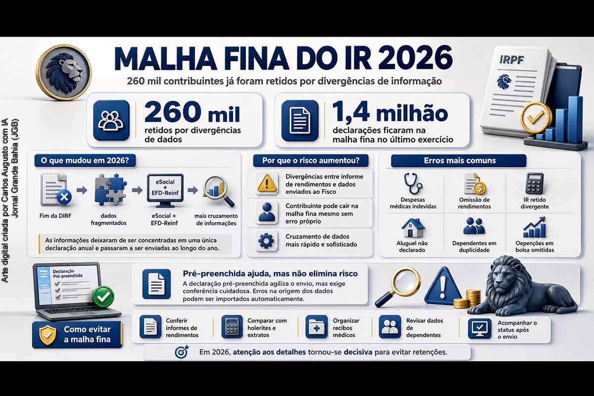 A malha fina do Imposto de Renda 2026 já alcança cerca de 260 mil contribuintes por divergências de informação, em meio à adaptação ao fim da DIRF e à ampliação do uso de sistemas como eSocial e EFD-Reinf. Embora erros tradicionais continuem relevantes, especialistas alertam que contribuintes podem ser retidos mesmo sem falha própria. Conferência documental, revisão da pré-preenchida e acompanhamento após o envio são medidas essenciais.