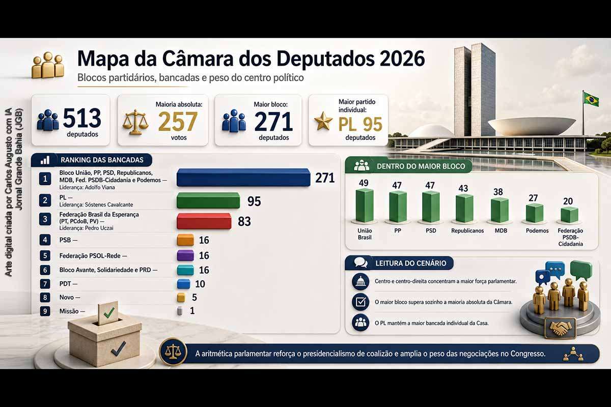 A Câmara dos Deputados registra uma nova correlação de forças, com 513 parlamentares distribuídos entre blocos, federações e legendas isoladas, em uma composição marcada pela predominância do bloco formado por União Brasil, PP, PSD, Republicanos, MDB, Federação PSDB-Cidadania e Podemos, que soma 271 deputados sob liderança de Adolfo Viana. O agrupamento ultrapassa a maioria absoluta da Casa, fixada em 257 votos, enquanto o PL, liderado por Sóstenes Cavalcante, aparece como a maior legenda individual, com 95 deputados, e a Federação Brasil da Esperança, formada por PT, PCdoB e PV, reúne 83 parlamentares sob liderança de Pedro Uczai.