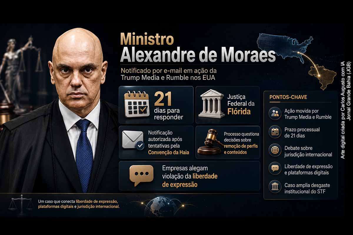 Alexandre de Moraes foi notificado por e-mail em ação movida pela Trump Media e pela Rumble nos Estados Unidos, com prazo de 21 dias para responder. O processo questiona decisões do STF sobre remoção de conteúdos e perfis em plataformas digitais, sob alegação de violação da liberdade de expressão. O caso aprofunda o debate sobre soberania, jurisdição internacional, liberdade de imprensa e desgaste institucional do STF.