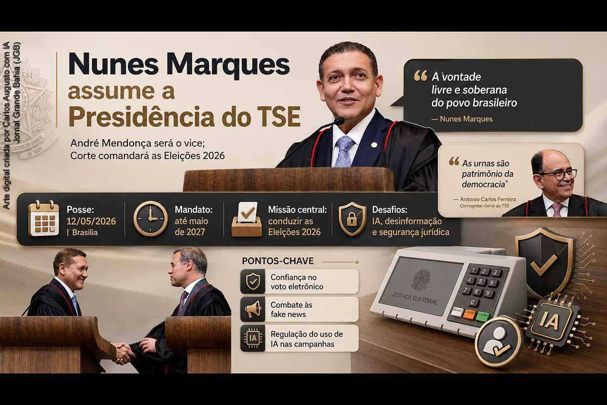 Brasília, terça-feira (12/05/2026): Nunes Marques assume a Presidência do TSE em sessão solene, com André Mendonça como vice-presidente da Corte Eleitoral.