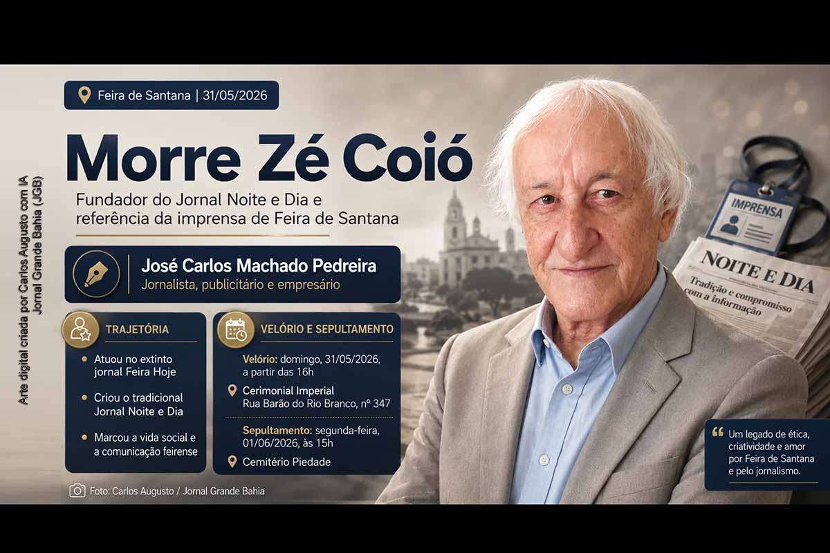 O jornalista, publicitário e empresário José Carlos Machado Pedreira, o Zé Coió, morreu neste domingo, 31/05/2026, em Feira de Santana. Fundador do Jornal Noite e Dia, ele teve trajetória ligada ao extinto Jornal Feira Hoje, à vida social feirense, ao Troféu Imprensa NoiteDia e à Feijoada NoiteDia. O velório ocorre no Cerimonial Imperial e o sepultamento está previsto para 01/06/2026, no Cemitério Piedade.
