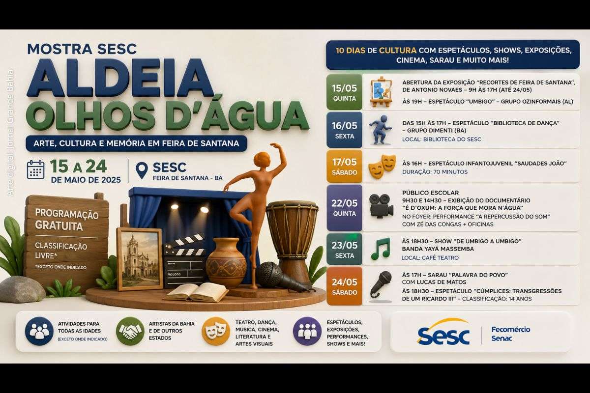 Evento promovido pelo Sesc Bahia acontece entre os dias 15 e 24 de maio de 2025 com programação cultural voltada a diferentes públicos.