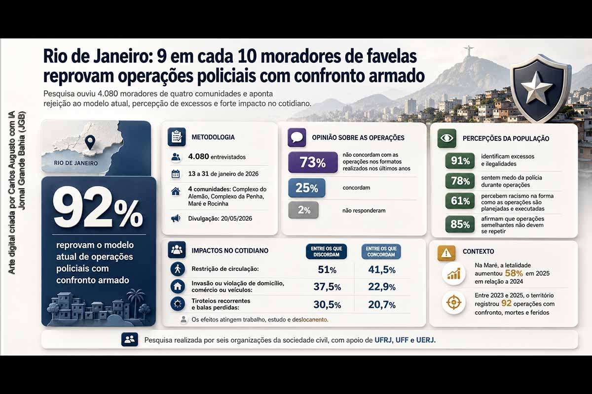Pesquisa realizada em quatro comunidades do Rio de Janeiro indica que 92% dos moradores reprovam operações policiais com confronto armado. O estudo, com 4.080 entrevistas, aponta percepção de excessos, restrição de circulação, invasões domiciliares e medo da polícia. Também identifica impactos na educação, recortes raciais e etários e diferença entre apoio à presença policial e ao modelo de atuação.