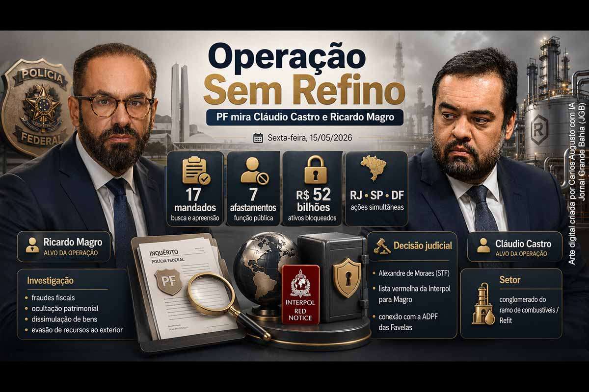 A Polícia Federal deflagrou, na sexta-feira (15/05/2026), a Operação Sem Refino, autorizada por Alexandre de Moraes, tendo como alvos Cláudio Castro e Ricardo Magro, dono da Refit. A investigação apura suspeitas de fraudes fiscais, ocultação patrimonial, dissimulação de bens e evasão de recursos ao exterior no setor de combustíveis. Foram cumpridos 17 mandados de busca, sete afastamentos e bloqueio de cerca de R$ 52 bilhões.