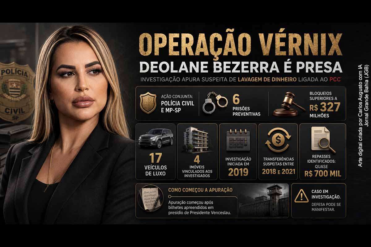 A influenciadora e advogada Deolane Bezerra foi presa nesta quinta-feira (21/05/2026), em Barueri, durante a Operação Vérnix, deflagrada pela Polícia Civil e pelo Ministério Público de São Paulo. A investigação apura suspeita de lavagem de dinheiro ligada ao PCC, com uso de transportadora de fachada, bloqueios milionários, apreensão de bens de luxo e mandados contra Marcola, familiares e operadores financeiros. 