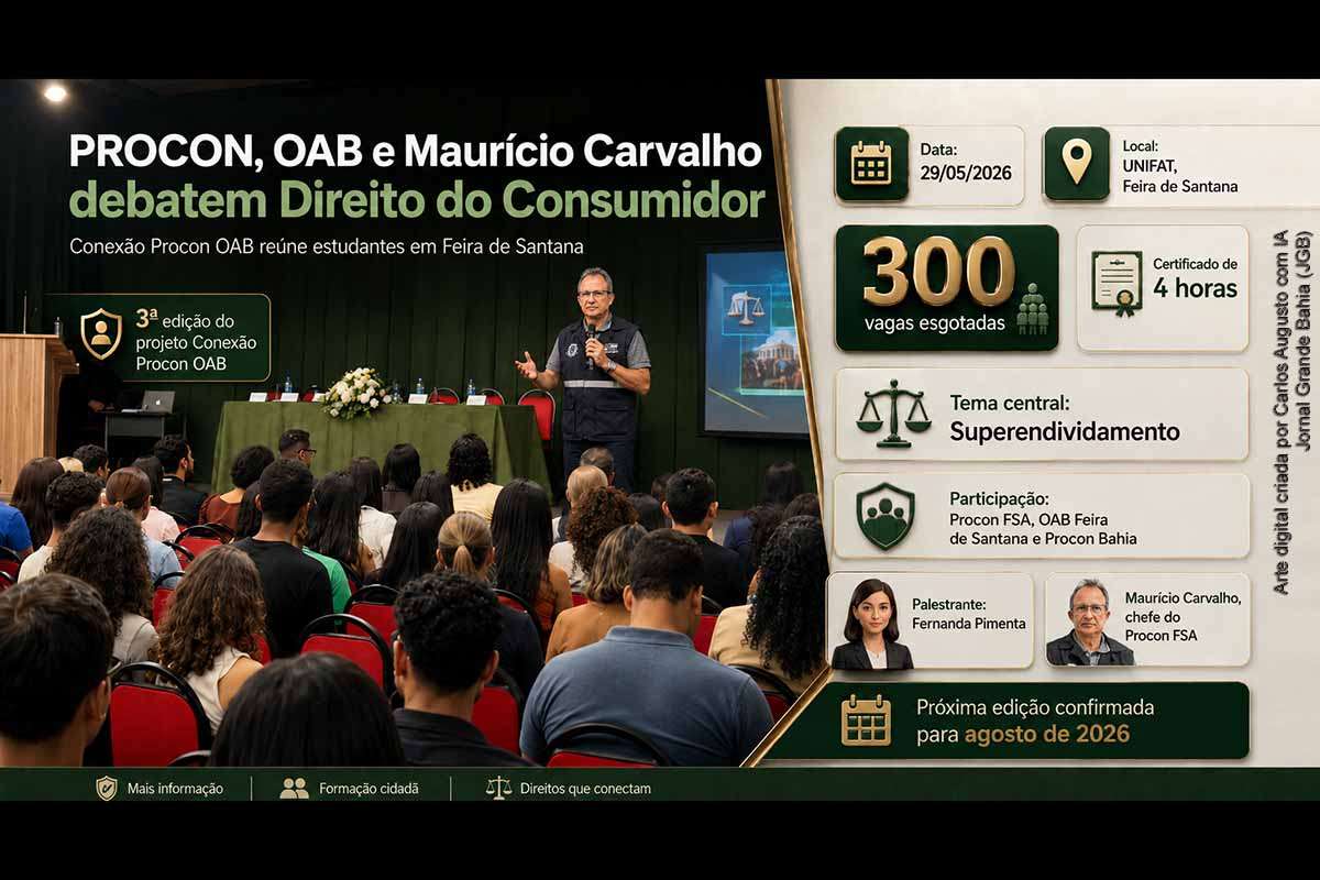 A terceira edição do Conexão Procon OAB reuniu estudantes de Direito em Feira de Santana para debater defesa do consumidor e superendividamento. Realizado na UNIFAT, o evento teve 300 vagas esgotadas, participação do Procon FSA, OAB Feira de Santana e Procon Bahia, além de palestra de Fernanda Pimenta. O chefe do Procon FSA, Maurício Carvalho, destacou o crescimento da iniciativa, que terá nova edição em agosto.