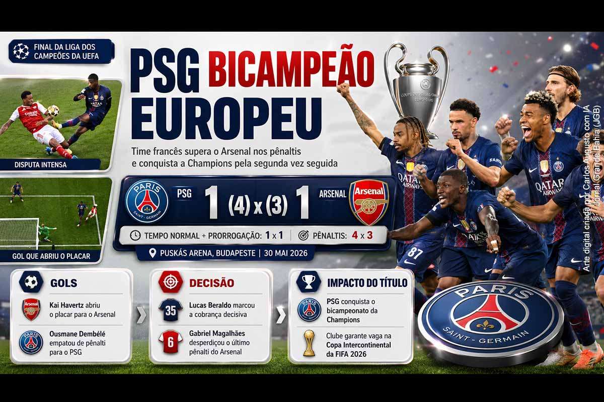 O Paris Saint-Germain conquistou o bicampeonato da Liga dos Campeões da UEFA ao vencer o Arsenal nos pênaltis por 4 a 3, após empate por 1 a 1 em Budapeste. Kai Havertz abriu o placar para os ingleses, e Ousmane Dembélé empatou em cobrança de pênalti. Lucas Beraldo marcou a cobrança decisiva, enquanto Gabriel Magalhães desperdiçou o último pênalti do Arsenal.