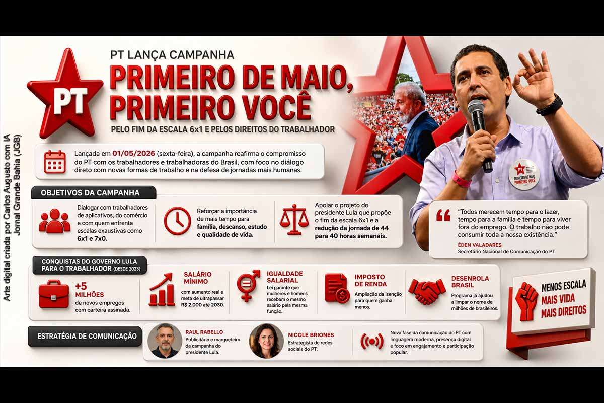 A campanha “Primeiro de Maio, Primeiro Você”, lançada pelo PT em 01/05/2026, busca fortalecer a defesa dos direitos trabalhistas e promover o debate sobre o fim da escala 6x1. A iniciativa destaca mudanças no mercado de trabalho, apoia proposta de redução da jornada semanal e apresenta avanços do governo federal na área. A medida, contudo, enfrenta desafios políticos e econômicos para sua aprovação no Congresso Nacional.