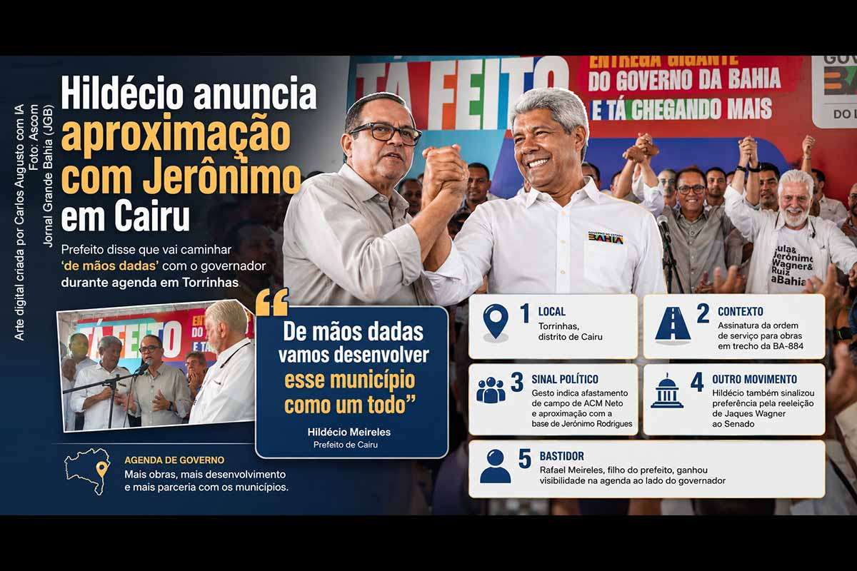 O prefeito de Cairu, Hildécio Meireles, sinalizou aproximação com o governador Jerônimo Rodrigues durante agenda em Torrinhas, onde foi assinada a ordem de serviço para obras na BA-884. Filiado ao União Brasil e até então identificado com o campo de ACM Neto, o gestor falou em caminhar “de mãos dadas” com o governo estadual e também manifestou apoio ao senador Jaques Wagner.