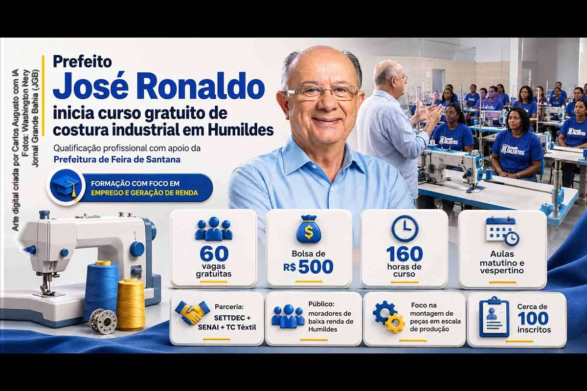 A Prefeitura de Feira de Santana iniciou em Humildes o curso gratuito de Operador de Máquina de Costura Industrial, com 60 vagas, carga horária de 160 horas e bolsa de R$ 500. A iniciativa envolve SETTDEC, SENAI e TC Têxtil, com foco em moradores de baixa renda e formação voltada à demanda industrial. O prefeito José Ronaldo destacou a geração de emprego, enquanto novas capacitações em logística e panificação são projetadas.