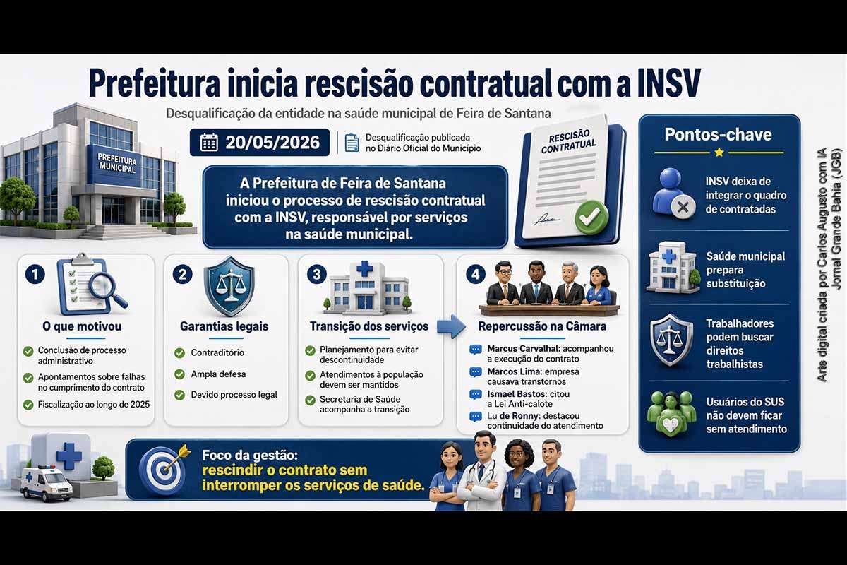 A Prefeitura de Feira de Santana iniciou o processo de rescisão contratual com a INSV após desqualificação da organização social publicada no Diário Oficial em 20 de maio de 2026. A medida foi repercutida na Câmara Municipal por vereadores que apontaram problemas na execução contratual, impactos sobre trabalhadores e usuários do SUS, além da necessidade de assegurar a continuidade dos serviços durante a transição.