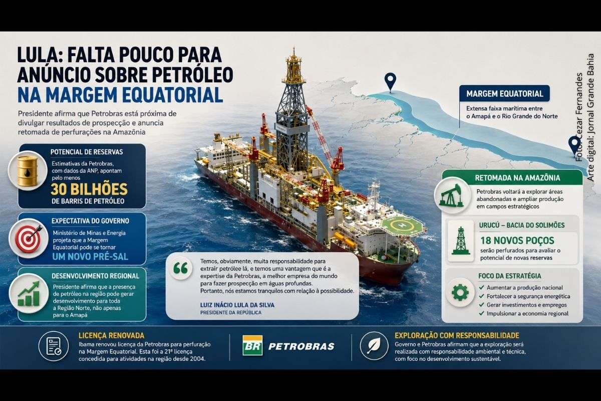 Presidente afirmou que Petrobras avalia reservas estimadas em 30 bilhões de barris na Margem Equatorial e anunciou retomada de perfurações em áreas terrestres da Amazônia.