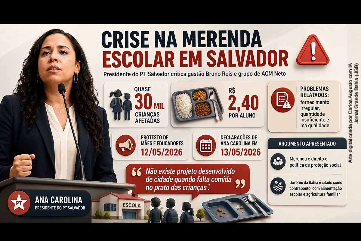 A presidente do PT Salvador, Ana Carolina, criticou a gestão Bruno Reis e o grupo de ACM Neto por problemas na merenda escolar de escolas comunitárias conveniadas à Prefeitura. Mães e educadores protestaram em Salvador contra repasses considerados insuficientes, fornecimento irregular e baixa qualidade da alimentação. A Prefeitura citou parâmetros federais do PNAE, enquanto a oposição cobra prioridade política e maior proteção às crianças.