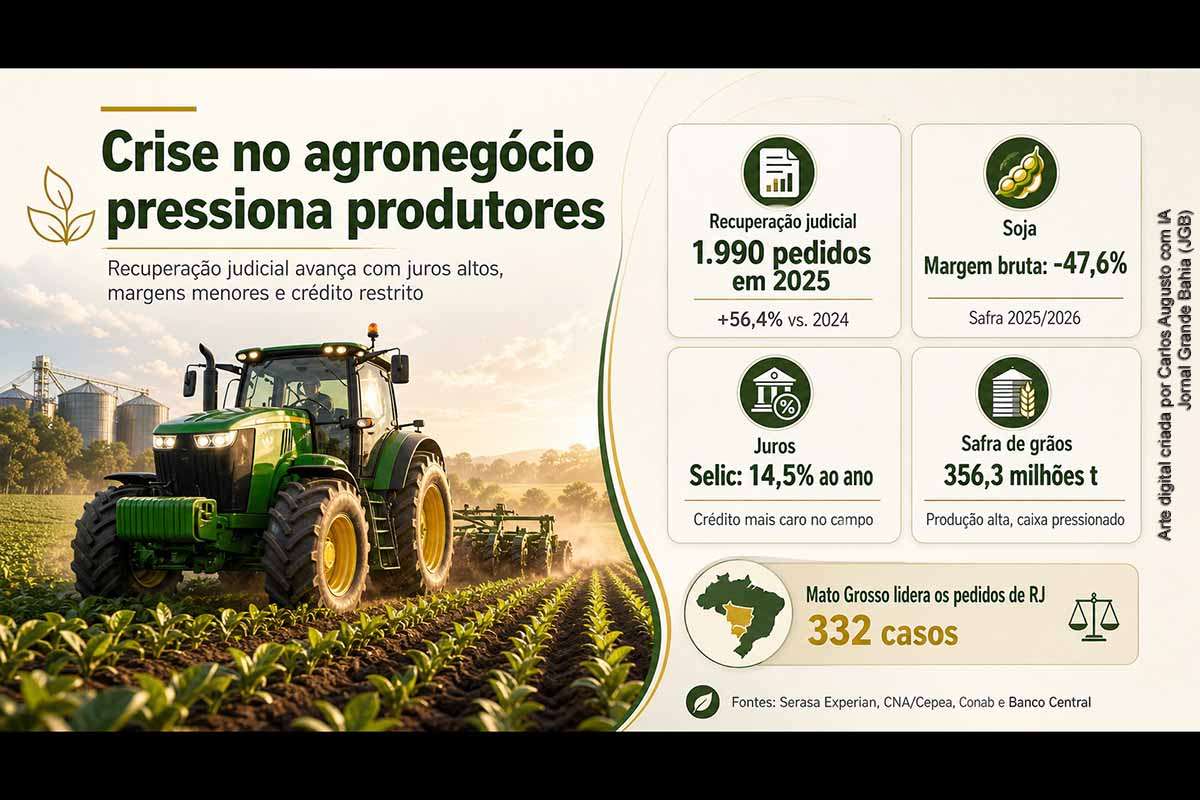 O agronegócio brasileiro registrou 1.990 pedidos de recuperação judicial em 2025, alta de 56,4%, segundo a Serasa Experian. Nos últimos três meses, novos dados reforçaram a pressão sobre o setor: Selic em 14,5%, safra de grãos estimada em 356,3 milhões de toneladas e queda projetada de 47,6% na margem bruta da soja. O CNJ busca ampliar transparência nos processos envolvendo produtores rurais.