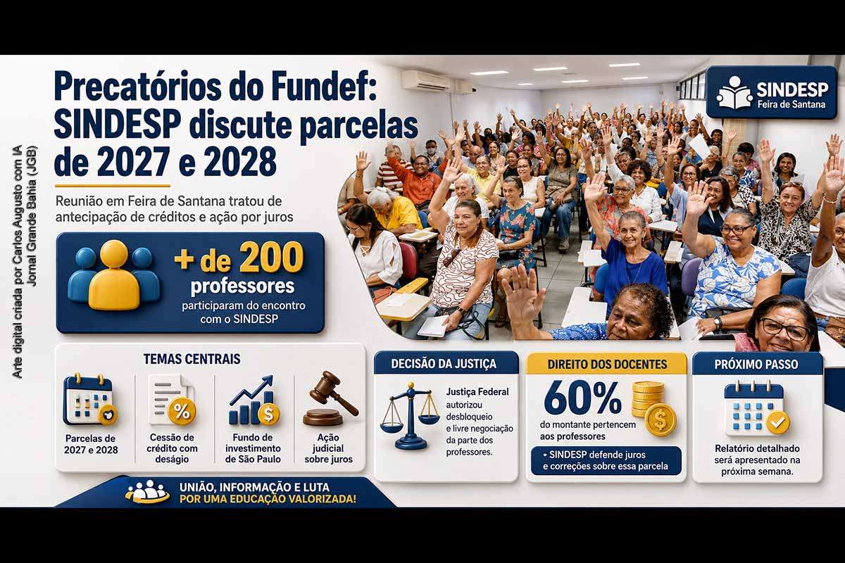 O SINDESP reuniu mais de 200 professores da rede municipal de Feira de Santana para discutir os precatórios do Fundef, com foco nas parcelas de 2027 e 2028, na possível cessão de créditos a um fundo de investimento e na cobrança judicial dos juros incidentes sobre os valores. A entidade informou que apresentará relatório detalhado sobre a proposta antes da definição dos próximos encaminhamentos.
