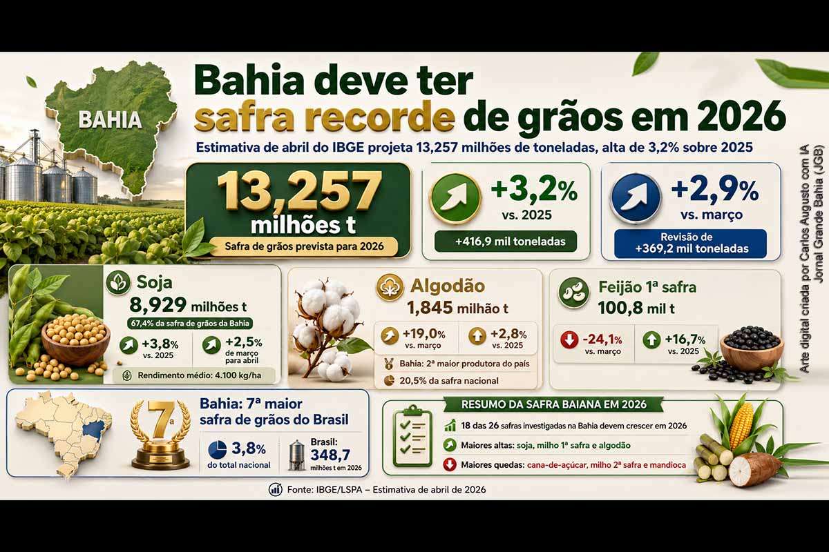 A Bahia deve alcançar em 2026 uma safra recorde de 13,256 milhões de toneladas de grãos, alta de 3,2% frente a 2025, segundo a estimativa de abril do IBGE. A revisão positiva foi puxada por soja e algodão, enquanto o feijão 1ª safra teve recuo mensal. O estado deve manter a sétima maior produção de grãos do país, com 3,8% do total nacional.