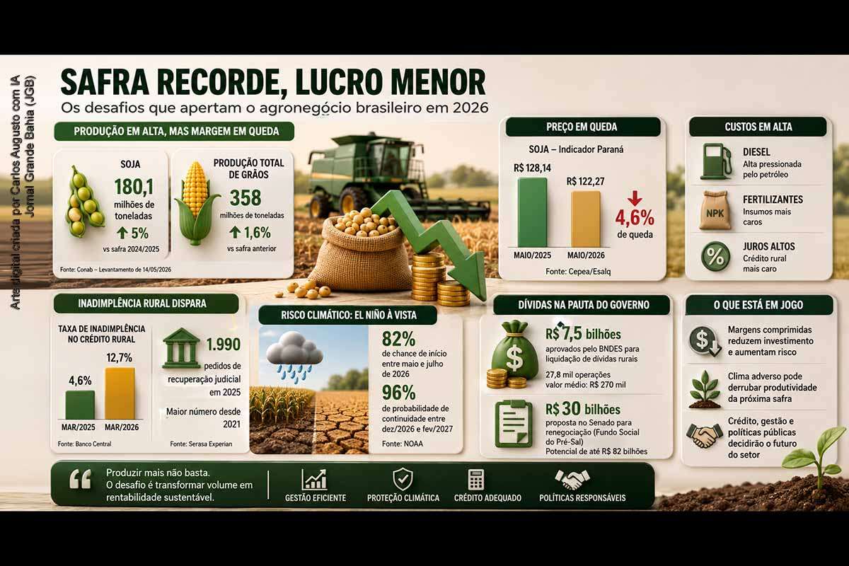 Safra recorde expõe crise de margem no agro, com alta de custos, queda nos grãos e avanço da inadimplência rural