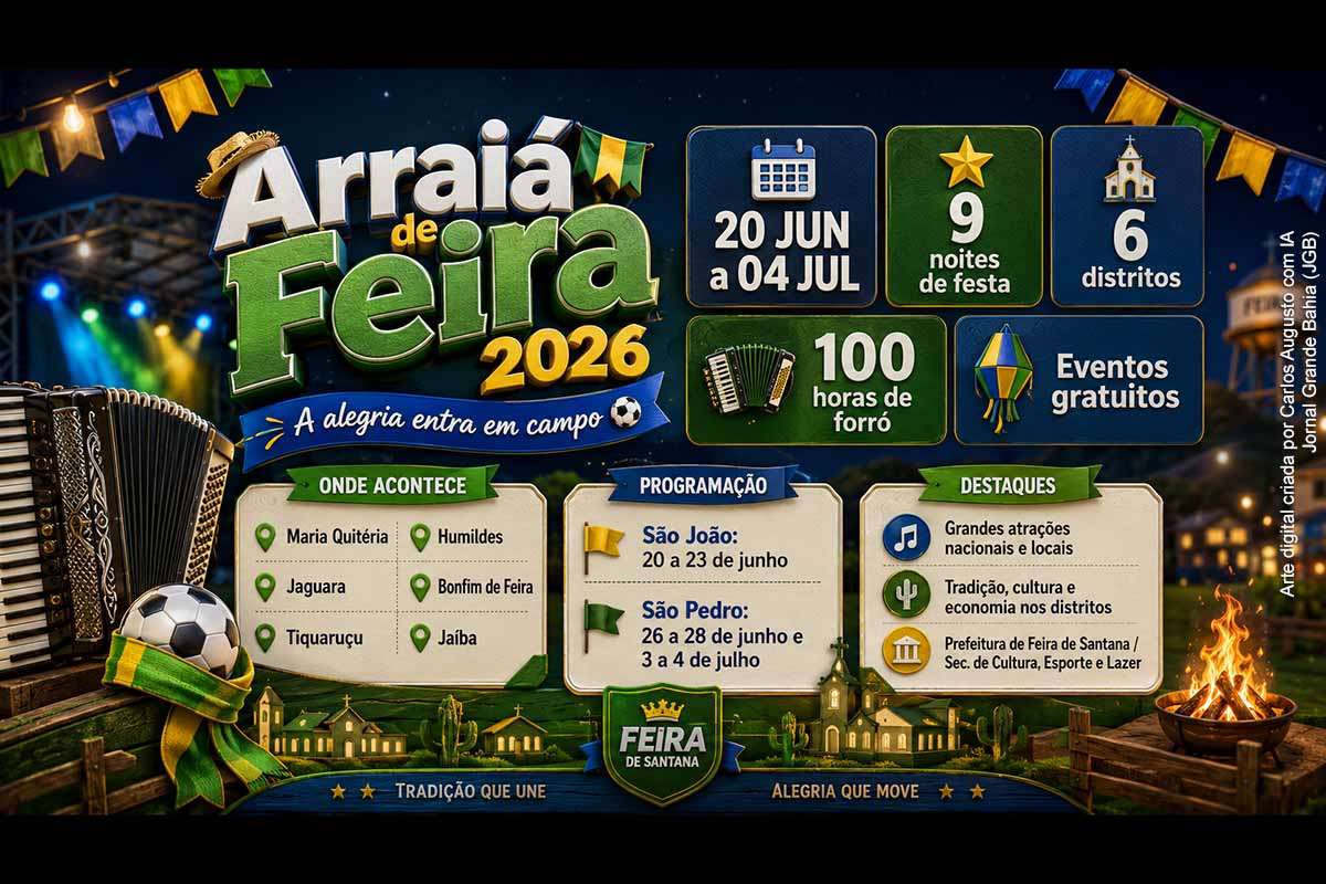 Feira de Santana realizará os festejos juninos de 2026 entre 20 de junho e 4 de julho, com programação gratuita em seis distritos e cerca de 100 horas de forró. O calendário reúne São João e São Pedro em Maria Quitéria, Jaguara, Tiquaruçu, Humildes, Bonfim de Feira e Jaíba. A festa terá atrações nacionais, artistas locais e impacto econômico nos distritos, mas ainda carece de detalhamento sobre custos e estrutura operacional.