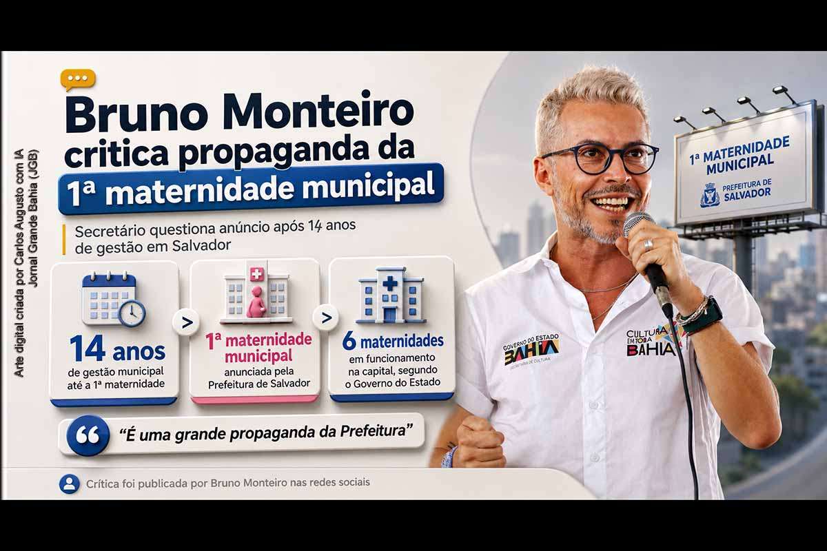 Bruno Monteiro criticou a Prefeitura de Salvador pela propaganda da primeira maternidade municipal após 14 anos de gestões ligadas ao grupo político de ACM Neto. O secretário afirmou que o Governo da Bahia mantém seis maternidades em funcionamento na capital e questionou a demora da administração municipal. A declaração amplia a disputa política sobre saúde pública, comunicação institucional e prioridades de gestão em Salvador.