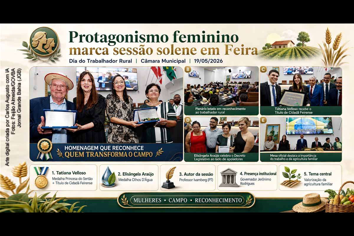 A Câmara Municipal de Feira de Santana realizou, em 19/05/2026, sessão solene em homenagem ao Dia do Trabalhador Rural, com presença do governador Jerônimo Rodrigues e entrega de honrarias a Tatiana Velloso e Elisângela Araújo. Proposta pelo vereador Professor Ivamberg, a cerimônia destacou agricultura familiar, protagonismo feminino, segurança alimentar, educação do campo, organização comunitária e reconhecimento institucional aos trabalhadores rurais.