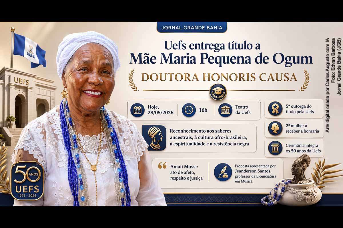A Uefs entrega nesta quinta-feira (28/05/2026) o título de Doutora Honoris Causa a Mãe Maria Pequena de Ogum, em cerimônia no Teatro da universidade, às 16h. A homenagem reconhece sua trajetória espiritual, cultural e comunitária na preservação dos saberes ancestrais afro-brasileiros. A solenidade integra a programação dos 50 anos da Uefs e será aberta à comunidade acadêmica e externa.