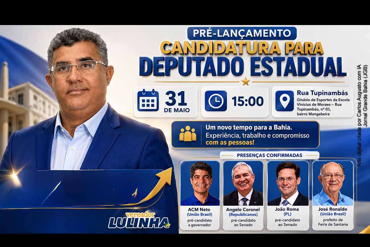 O vereador Lulinha realiza em 31 de maio de 2026, às 15h, em Feira de Santana, o pré-lançamento de sua candidatura a deputado estadual. O ato terá presença confirmada de ACM Neto, pré-candidato ao Governo da Bahia; Angelo Coronel e João Roma, pré-candidatos ao Senado; além do prefeito José Ronaldo. A mobilização amplia o peso político da pré-candidatura no cenário das Eleições 2026.