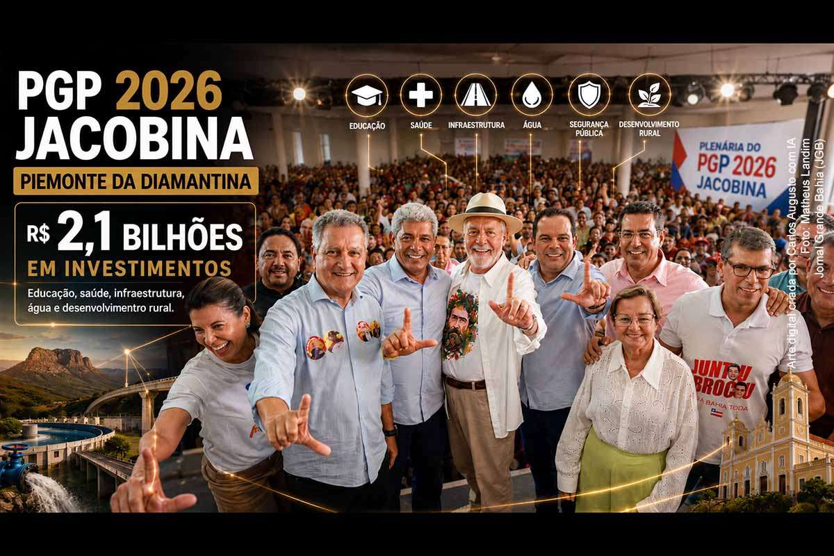 O vice-governador Geraldinho participou, neste sábado (16/05/2026), da plenária do PGP 2026 em Jacobina e destacou R$ 2,1 bilhões em investimentos no Território Piemonte da Diamantina entre 2007 e março de 2026. O encontro reuniu Jerônimo Rodrigues, Jaques Wagner, Otto Alencar, Rui Costa, lideranças políticas e moradores para discutir prioridades regionais em educação, saúde, infraestrutura, abastecimento de água e desenvolvimento rural.
