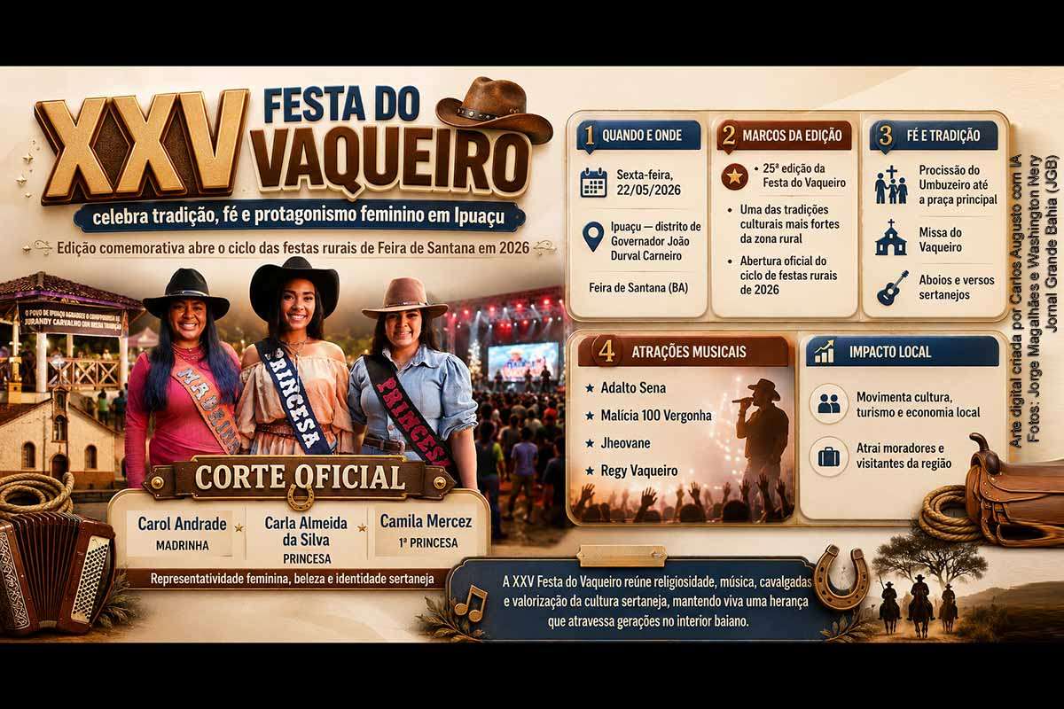 A XXV Festa do Vaqueiro teve início em Ipuaçu, distrito de Feira de Santana, com procissão, Missa do Vaqueiro, shows musicais e valorização da cultura sertaneja. A edição de 25 anos destaca o protagonismo feminino por meio da corte oficial, formada por princesas, madrinha e rainha. O evento movimenta a economia local, fortalece o turismo rural e preserva tradições ligadas à fé, à música e à identidade sertaneja.