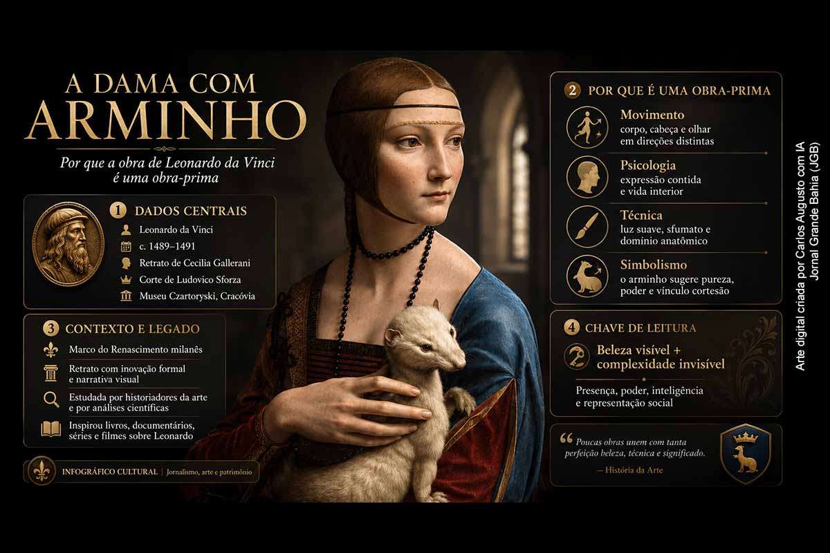 “A Dama com Arminho”, pintada por Leonardo da Vinci por volta de 1489–1491, retrata Cecilia Gallerani no contexto da corte de Ludovico Sforza, em Milão. A obra se destaca pelo movimento, pela profundidade psicológica, pelo simbolismo do arminho e pelo domínio técnico. Estudos acadêmicos, análises científicas, livros e documentários ampliam sua leitura como retrato, alegoria, patrimônio cultural e documento histórico.