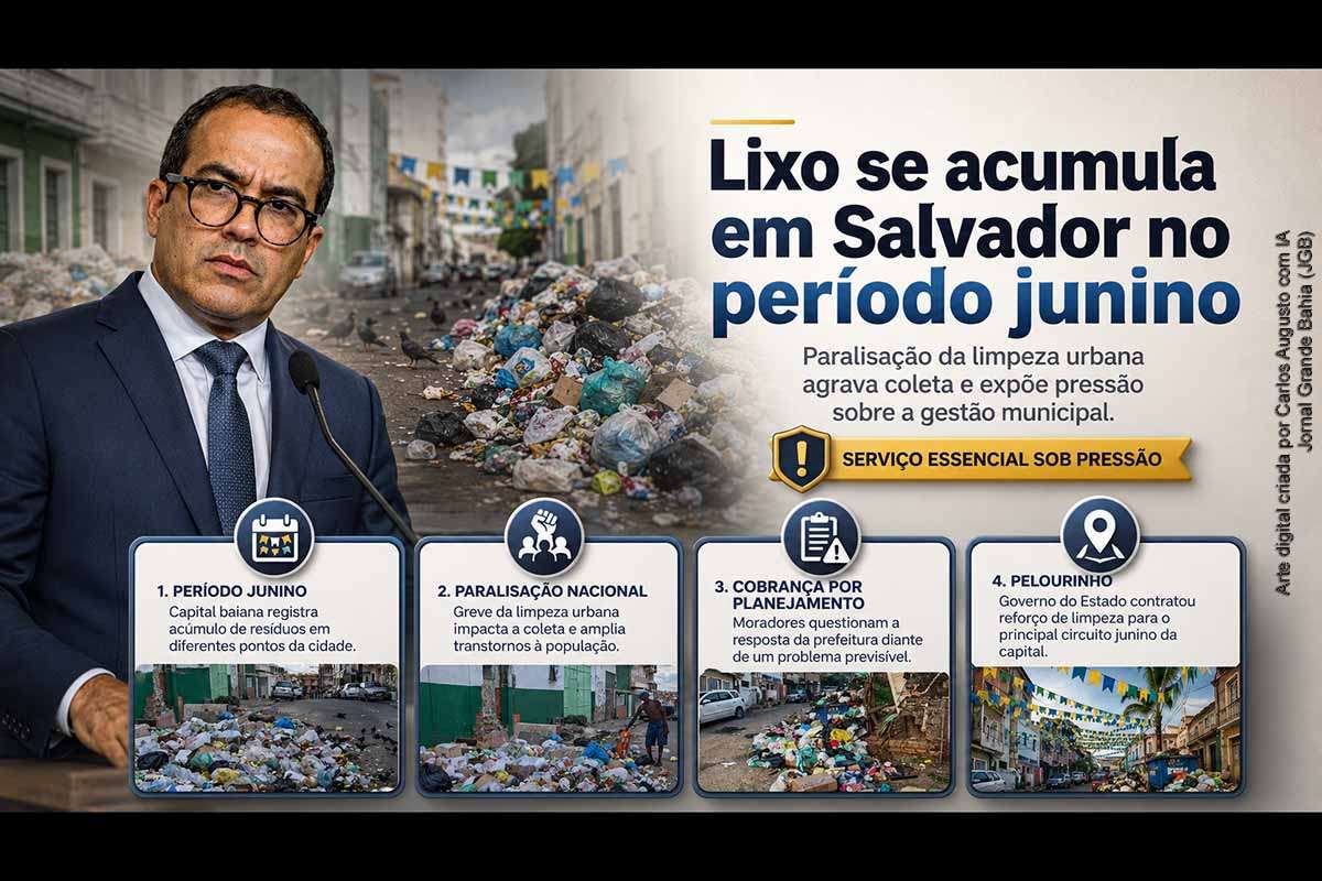 Salvador registrou acúmulo de lixo na terça-feira, 23/06/2026, véspera de São João, em meio à paralisação nacional dos trabalhadores da limpeza urbana. A crise pressionou a gestão do prefeito Bruno Reis, que publicou vídeos em festejos juninos ao lado de ACM Neto. A Prefeitura acionou a Justiça para tentar restabelecer a coleta, enquanto o episódio expôs falhas de planejamento, riscos sanitários e necessidade de acompanhamento institucional.