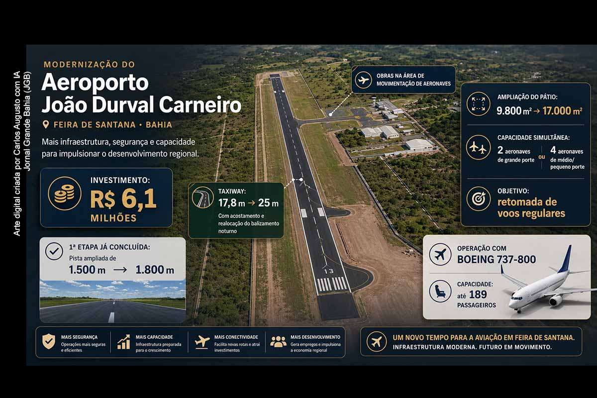 O Governo da Bahia iniciou processo licitatório para obras de R$ 6,1 milhões no Aeroporto João Durval Carneiro, em Feira de Santana. A intervenção prevê ampliação do pátio de aeronaves, adequação da taxiway e preparação do equipamento para receber aviões de grande porte, como o Boeing 737-800. A medida busca viabilizar a retomada de voos regulares e fortalecer a aviação regional baiana.