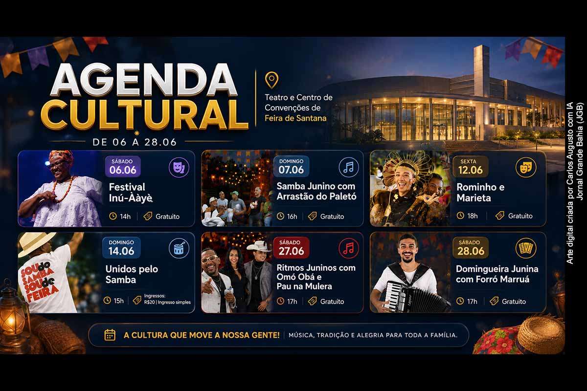 A Agenda Cultural de junho do Teatro Carlos Pitta, em Feira de Santana, reúne eventos entre 06 e 28/06/2026, com Festival Inú-Ààyè, Samba Junino com Arrastão do Paletó, Rominho e Marieta, Unidos pelo Samba, Omó Obá, Pau na Mulêra e Forró Marruá. A programação combina atrações gratuitas e pagas, valoriza tradições juninas e fortalece o papel do equipamento na cena cultural local.