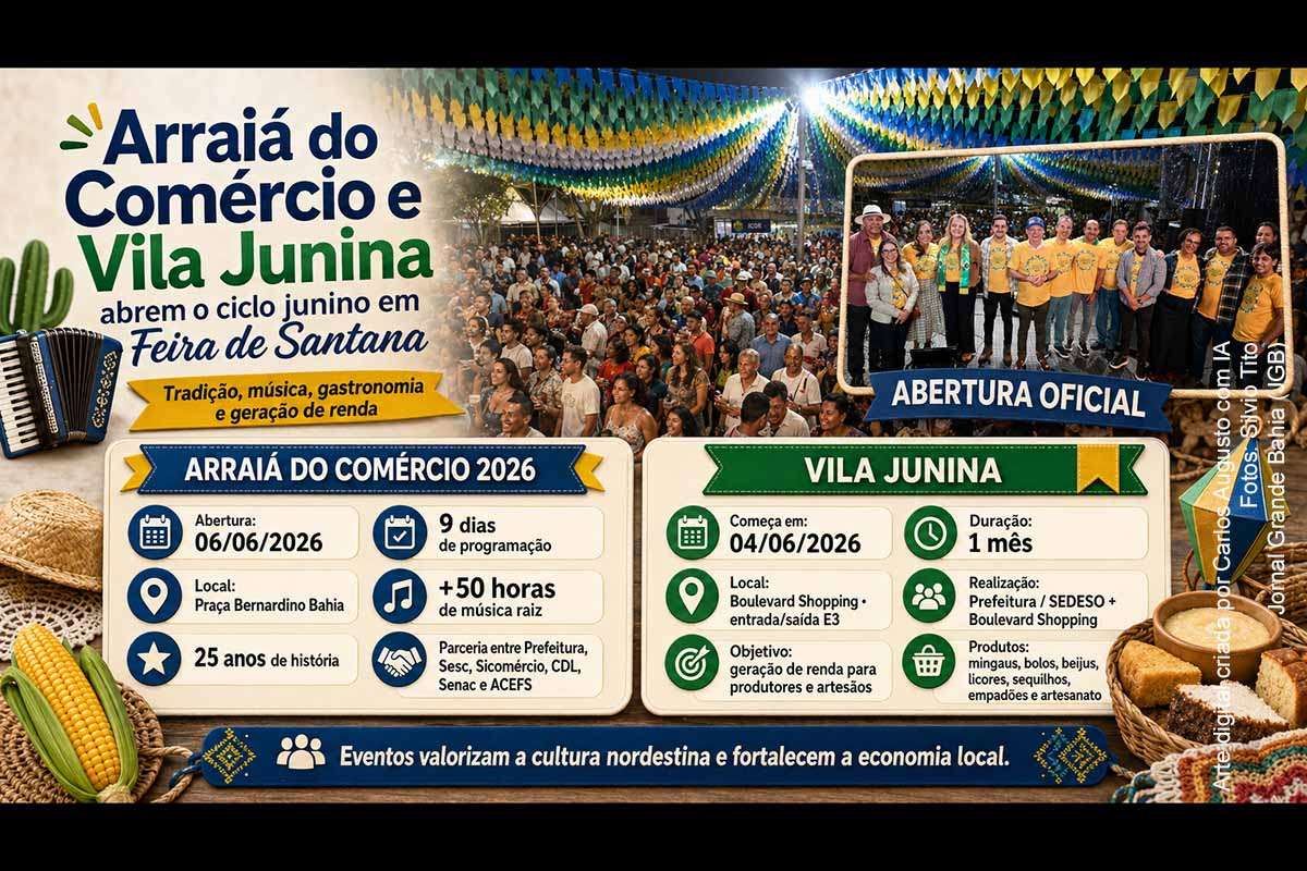 Feira de Santana iniciou o ciclo junino de 2026 com a abertura da Vila Junina, no Boulevard Shopping, em 04/06/2026, e do Arraiá do Comércio, na Praça Bernardino Bahia, em 06/06/2026. As iniciativas reúnem música regional, gastronomia típica, artesanato e ações de incentivo à economia local. A programação valoriza artistas, produtores e tradições nordestinas, ampliando a circulação cultural e comercial no município.