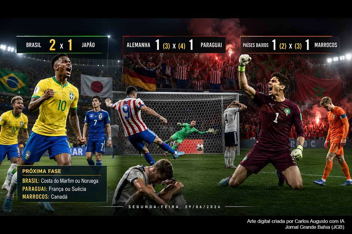 A segunda-feira, 29/06/2026, definiu avanços importantes na Copa do Mundo 2026. O Brasil venceu o Japão por 2 a 1, de virada, e aguarda Costa do Marfim ou Noruega. O Paraguai eliminou a Alemanha nos pênaltis e enfrentará França ou Suécia. O Marrocos superou os Países Baixos, também nas penalidades, e terá o Canadá como adversário nas oitavas de final.