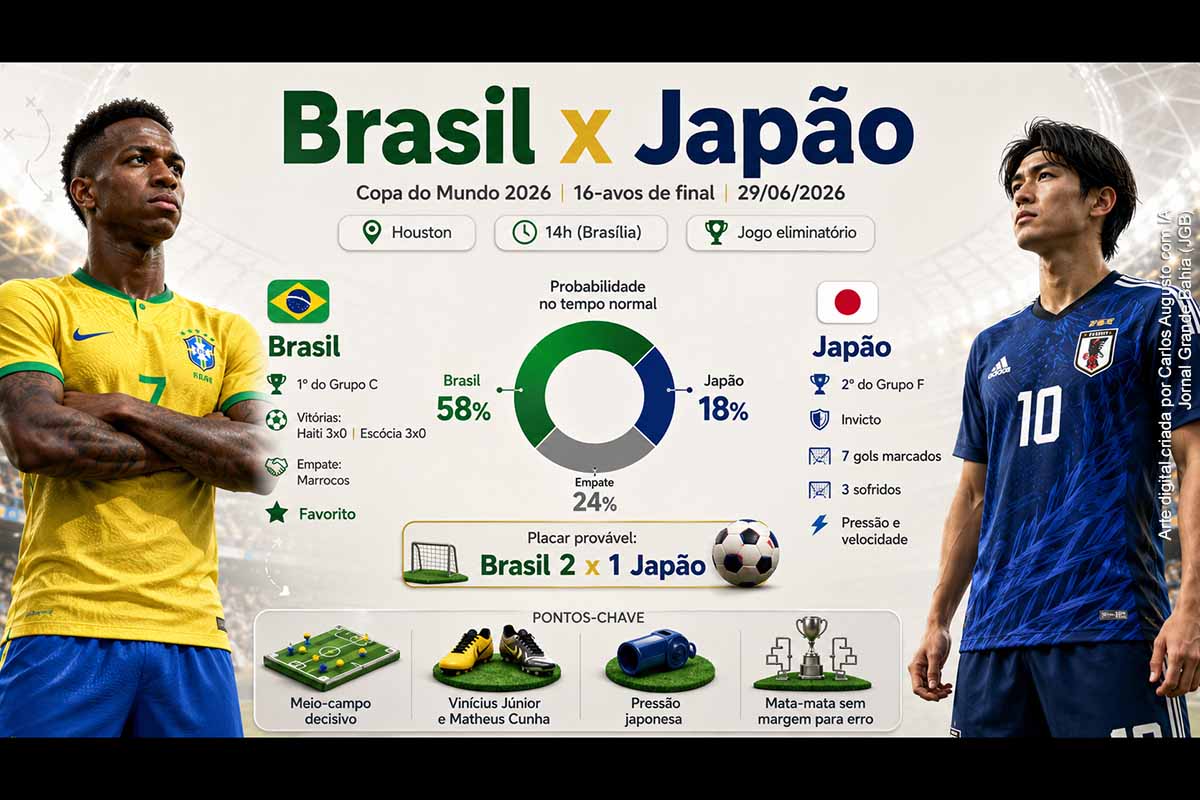 Brasil e Japão se enfrentam nesta segunda-feira, 29/06/2026, em Houston, pela fase de 16-avos da Copa do Mundo 2026. A Seleção Brasileira chega como favorita após liderar o Grupo C, enquanto o Japão avançou invicto no Grupo F e aposta em pressão intensa. A projeção aponta vantagem brasileira, com placar provável de 2 a 1, mas o duelo exige atenção tática e controle emocional.